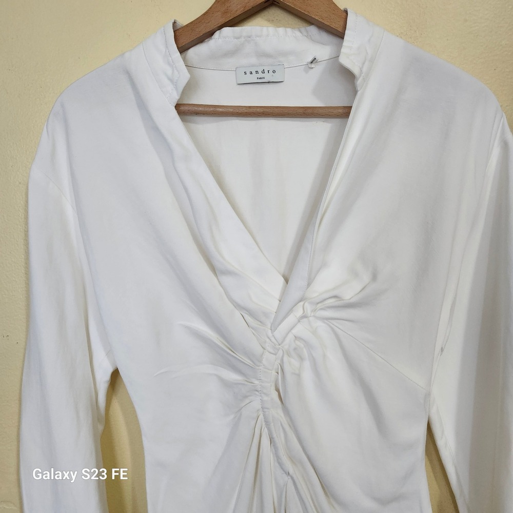 Sandro Paris Celia Mini Dress XS Womens White V-Neck Ruched Front Long Sleeve - Picture 5 of 10